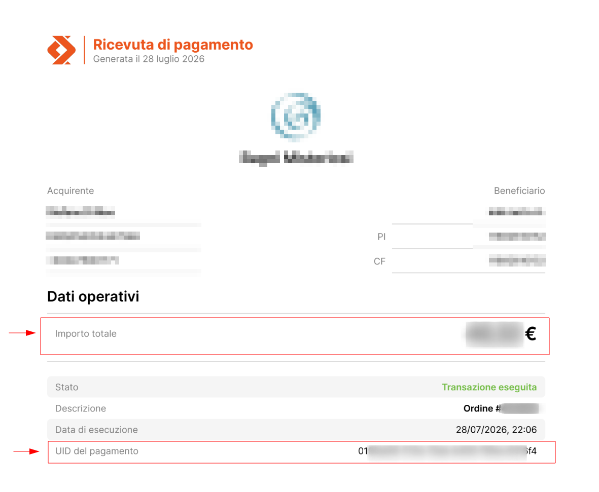Esempio di ricevuta Satispay con UID e importo